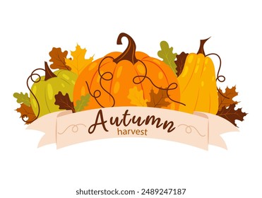 Autumn banner with ripe pumpkins and leaves on white background. Vegetables, fall harvest. Ripe pumpkin in flat style. Autumn lettering.