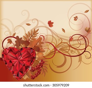 Autumn banner with ruby heart, vector illustration
