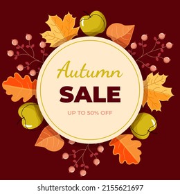 Autumn banner sale with leaves, apples and berries. Can be used for shopping sale, promo poster, banner, flyer, invitation, website. Vector illustration	
