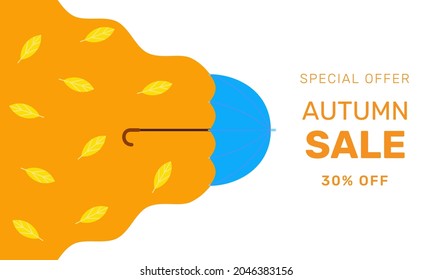 Autumn banner for sale. Original vector illustration with yellow leaves, blue umbrella, text. Design half orange and half white background, cartoon style. For special offer, promotion, discount