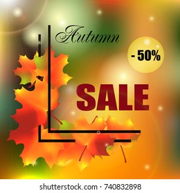 Autumn banner with sales at a discount in bright autumn leaves for the autumn season with highlights. Vector illustration.