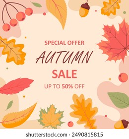 Autumn banner for seasonal sale in a frame of leaves. Abstract Fall square background. Vector template for advertising leaflets, posters, flyers, postcards