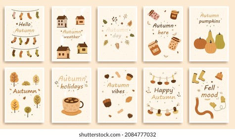 Autumn banner set. Collection of cards with goods. Posters and banners. Season, mushrooms, tea, pumpkins, warm clothes, harvest. Cartoon flat vector illustrations isolated on beige background