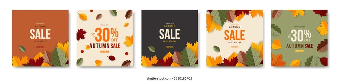 Autumn banner set. Cover, card or poster with leaves. Template for advertising, web, social media. Vector illustration.