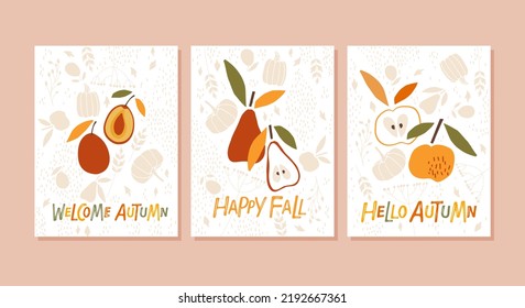 Pancarta de otoño. Citas con letras dibujadas a mano con frutas sobre el fondo de la cosecha. Frutas otoñales. Caída vectorial, otoño, elementos de diseño de Acción de Gracias para afiches, pancartas, tarjetas, insignias, camisetas, impresión.