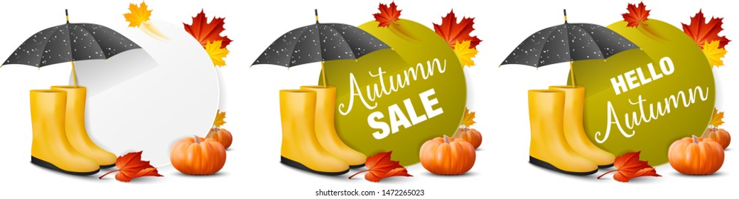 Autumn banner set with maple leaves, pumpkins, rubber boots and umbrella