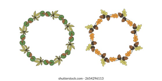 Autumn banner. Set, round frame. Wreath oak leaves, acorns, chestnut, leaves. Leaf fall. Hand drawn, doodle, drawing. Natural botanical background, postcard design, harvest festival, place for text.