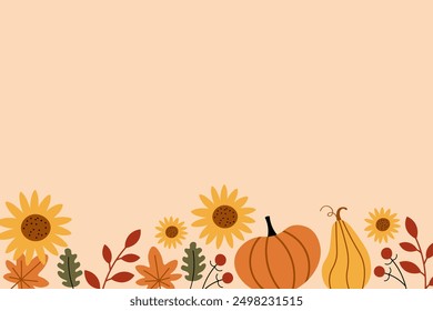 Anuncio de otoño con girasol, hoja de arce, serbal, hoja de roble, verduras, cosecha, plantas, calabaza, flores. Fondo de Vector de otoño dibujado a mano para el Día de Acción de Gracias, temporada de otoño. Ilustración plana