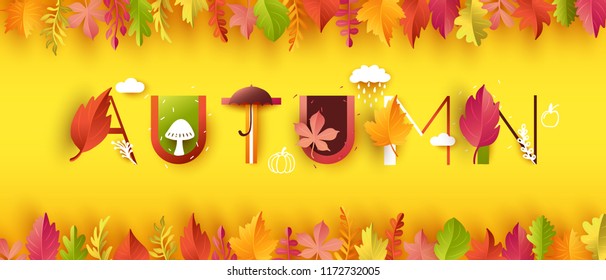 Autumn banner template.  Autumnal foliage. Letters paper style