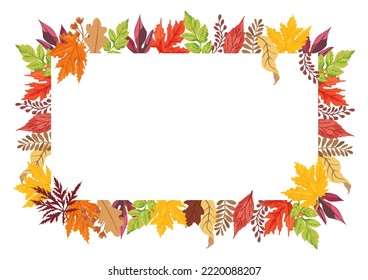 Autumn banner template decorated by fallen tree leaves. Elegant frame made of dry foliage. Decorative flat cartoon vector illustration for seasonal sale promotion, advertisement, cards, invitations.