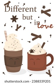 Autumn banner template with different but in love inscription. Illustration of pumpkin spice latte to go and in cup with whipped cream with cute faces. 