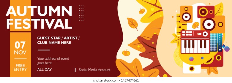 Autumn Banner Template For Festival, Event, Party, And Concert. Poster Layout Autumn Theme With Fall Maple Leaves On Colorful Background. Vector Illustration 