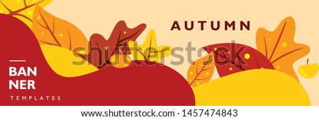 Autumn banner template for festival, event, party, and concert. Poster layout with fall maple leaves on colorful background. Vector illustration for publication 