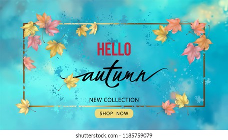Autumn banner template with flying maple leaves, lettering and a frame on a blue watercolor background