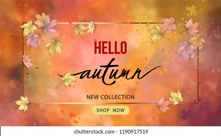 Autumn banner template with flying maple leaves, lettering and a frame on watercolor background