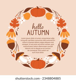 Plantilla de banner de otoño con letras y texto. Marco vectorial decorativo de adorables elementos otoñales, calabazas, setas, hojas, flores, bayas, plantas. Cartel de la venta del otoño. Hola concepto de otoño.