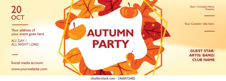 Autumn banner template for music event, festival, party, concert. Poster layout with maple leaves shape on glowing background. Vector illustration for publication