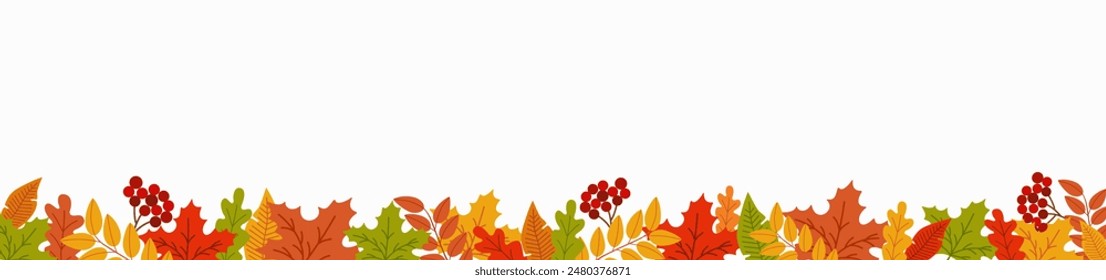 Autumn banner template with orange, yellow, green different leaves and branches of ripe red rowan. Hand drawn vector illustration isolated on white background. Modern flat cartoon style.