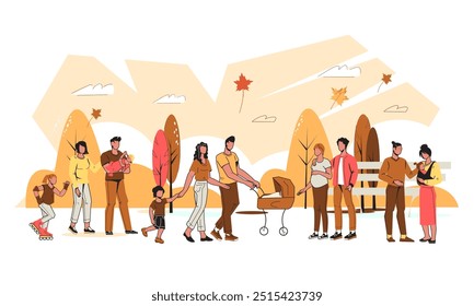 Autumn banner template with people walking and enjoying autumn weather, flat vector illustration. Seasonal banner or card template with walking families.