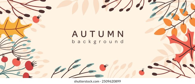 Autumn banner template in trendy design. Fall, Thanksgiving day background for big sale offer. Flat vector illustration with beautiful leaves, plants. For advertising, web, social media etc.
