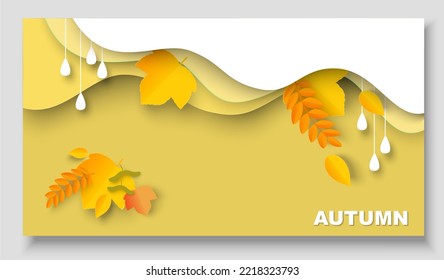 Autumn banner. Thanksgiving background design. Fall 3d vector paper cut craft style with foliage. Sale layout with leaves. Poster, card or flyer shopping template. Abstract promotion festive leaflet