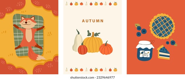 Autumn banner, Three set of vector illustrations with fox in the wild, pumpkin, blueberry pie and jam. Hand drawings for a poster, banner and card