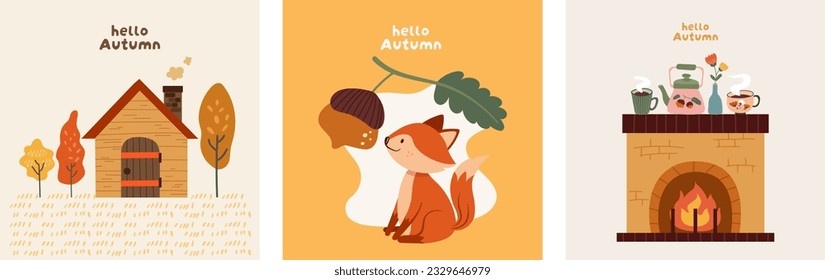Autumn banner, Three set of vector illustrations with house in the wild, fox playing acorn and fireplace decorations. Hand drawings for a poster, banner and card
