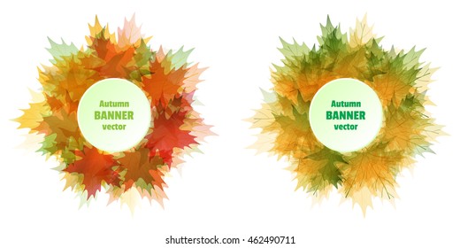 Autumn banner vector. Graphic design. Bright banners of autumn maple leaves in green, red, yellow colors. Watercolor effect. Funny labels, tickets, cards, stickers
