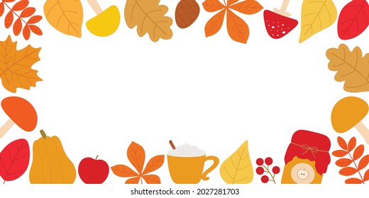 Autumn banner vector illustration. Autumn leaves postcard. Pumpkin mushrooms frame