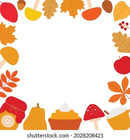 Autumn banner vector illustration. Autumn leaves postcard. Pumpkin mushrooms frame