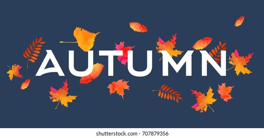 autumn banner, watercolor leaves on a blue background , vector illustration