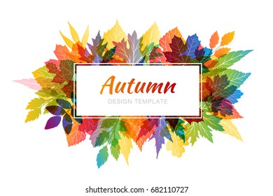 Autumn banner. White horizontal frame with colorful various leaves in transparent overlay style.