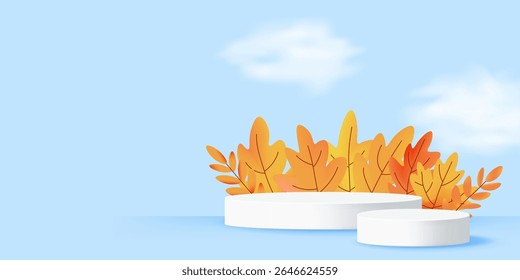 Autumn banner with white podiums surrounded by bright foliage and blue cloudy sky. Ideal for advertising seasonal products. Vector illustration