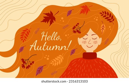 Autumn banner with women with leaves in her hair. Hello autumn. Vector flat illustation