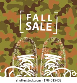 Autumn banner the words Fall sale and shoes on the background of military camouflage colors. Vector decorative illustration in flat style. Suitable for flyer, banner, poster, price tag