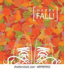 Autumn Banner With The Words Happy Fall And The Contours Of Shoes On The Background Of Seamless Texture Of Colorful Autumn Leaves. Vector Illustration