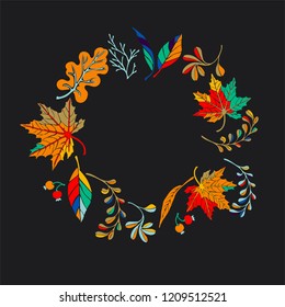 Autumn banner, wreath from leaves in cartoon style. A cute background.  October nature. September fall decor.  November  sale. Decorative border. Halloween. Maple branch.  Vector illustration.