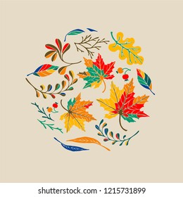 Autumn banner, wreath from leaves in cartoon style. A cute background.  October nature. September fall decor.  November  sale. Decorative border. Halloween. Maple branch.  Vector illustration.