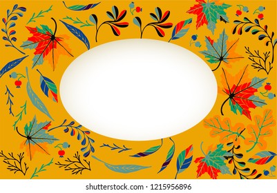 Autumn banner, wreath from leaves in cartoon style. A cute background.  October nature. September fall decor.  November  sale. Decorative border. Halloween. Maple branch.  Vector illustration.