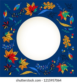 Autumn banner, wreath from leaves in cartoon style. A cute background.  September fall. October party. November  sale. Decorative border. Halloween. Maple branch.  Vector illustration.
