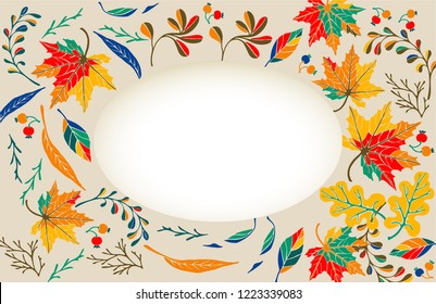 Autumn banner, wreath from leaves in cartoon style. A cute background. September fall. October party. November sale. Decorative border. Halloween. Maple branch. Vector illustration.