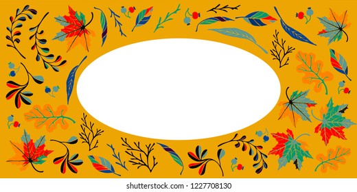 Autumn banner, wreath from leaves in cartoon style. A cute background.  October nature. September fall decor.  November  sale. Decorative border. Halloween. Maple branch.  Vector illustration.