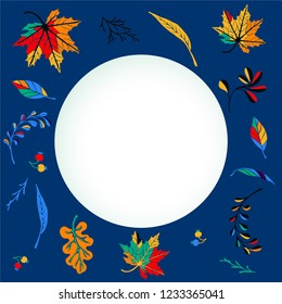 Autumn banner, wreath from leaves in cartoon style. A cute background. October nature. September fall decor. November sale. Decorative border. Halloween. Maple branch. Vector illustration.