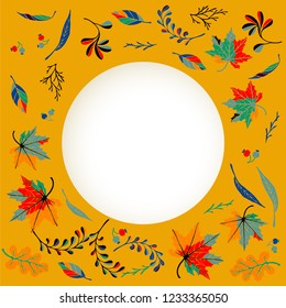 Autumn banner, wreath from leaves in cartoon style. A cute background. October nature. September fall decor. November sale. Decorative border. Halloween. Maple branch. Vector illustration.