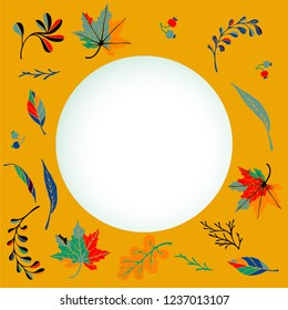 Autumn banner, wreath from leaves in cartoon style. A cute background.  September fall. October party. November  sale. Decorative border. Halloween. Maple branch.  Vector illustration.