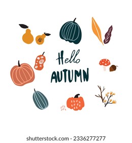 Autumn banner with yellow and red leaves abstract shapes pumpkins and pears. Designed for cards banners poster invitation