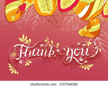 Autumn banner.Hand lettering Thank you and falling leaves on red background. Vector illustration.