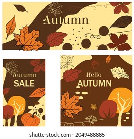 
Autumn banners dedicated to social media presenting hand-drawn leaves, trees in shades of orange and brown