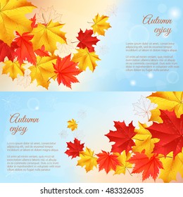 Autumn banners set with colorful leaves and copy space on blue background for seasonal sale or congratulations banner. Cartoon vector illustration.