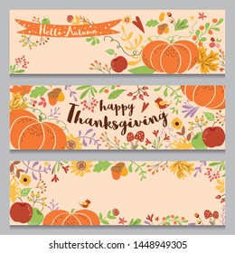 Autumn banners set horizontal. Three templates in cartoon style Hand drawn pumpkin forest fall flowers bird Cute vector
